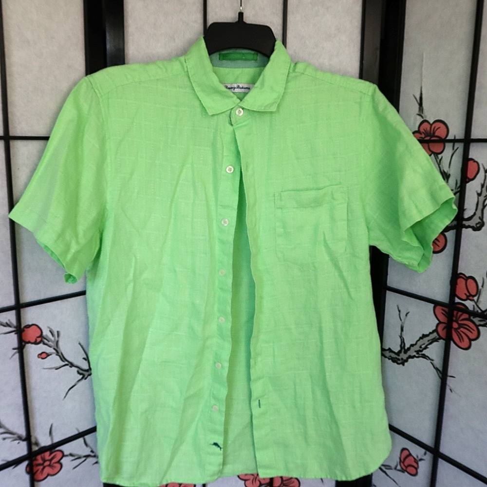 Tommy Bahama Lime Green 100% Linen Button Down Hawaiian Shirt Size Medium